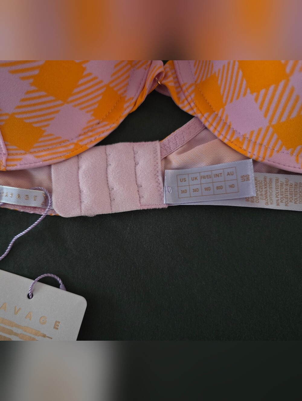 Savage X Fenty Pink & Orange Gingham Lace-Trim Bra and Brief Set Large - Picture 3 of 4